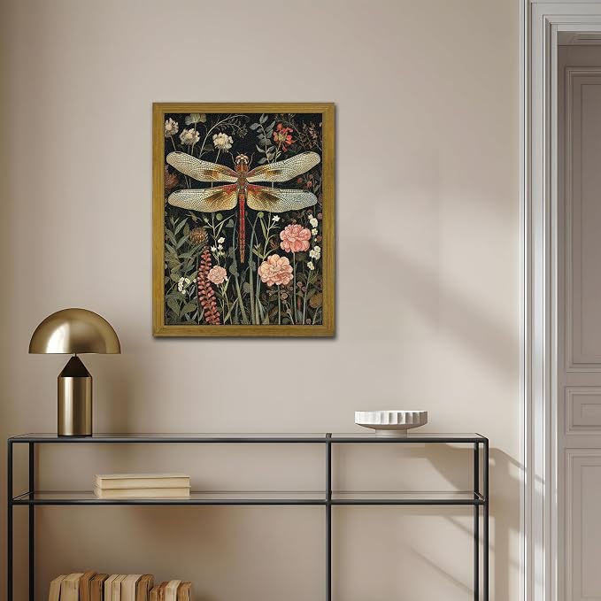 Framed Hand Drawn Sandstone Dragonfly Wall Art, Vintage 3D Textured Nature Botanical Wall Decor Pictures, Pink Flowers Print Painting for Living Room Kitchen Home Decor 12x16inch