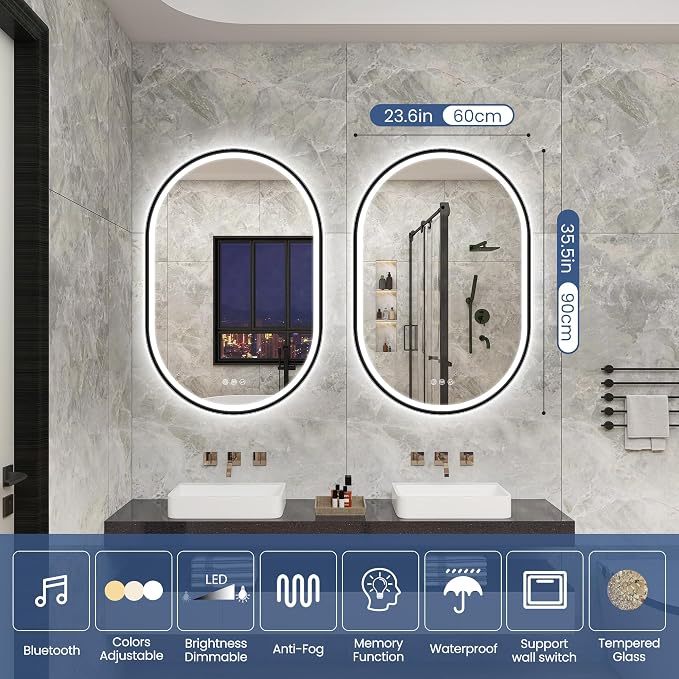 STARLEAD 24"x36" Black Frameless Oval LED Bathroom Mirror with Bluetooth Speaker, Dimmable Lighting, 3 Color Modes, Anti-Fog, Touch Control Wall Mounted Vanity Mirror