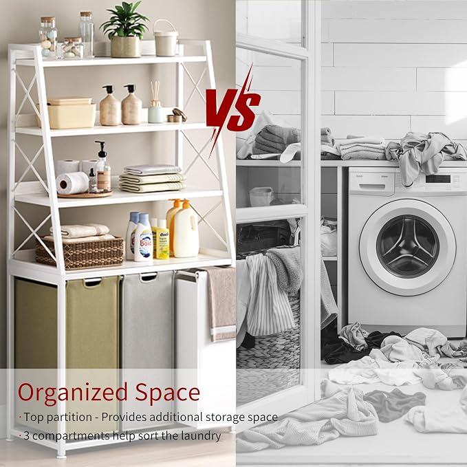 Herture Laundry Basket, 3 Section Laundry Hamper with 4 Tiers Shelf, Pull-Out and Removable Laundry Bags, Large 3 x 15.87 Gallons, 3 Color Bags for Laundry Room Bathroom White PF05XLE