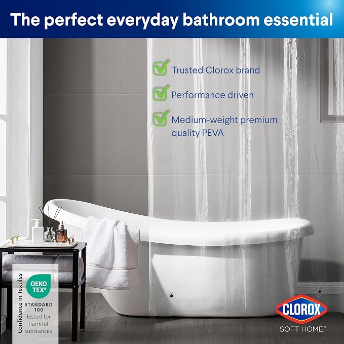 Clorox Shower Curtain Liner, Premium Medium-Weight Durable Waterproof 6g PEVA for Bathroom with Weighted Magnets, Extra Long 72" x 84", Clear 1 Pack