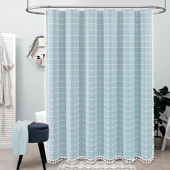 72x78 Boho Farmhouse Linen Heavy Duty Fabric Shower Curtain, Fog Blue | Long Size, 330GSM Linen Blend, 3-side Tassels, Water Repellent Cloth, 12 Plastic Hooks, Rustic Bohemian, Machine Washable
