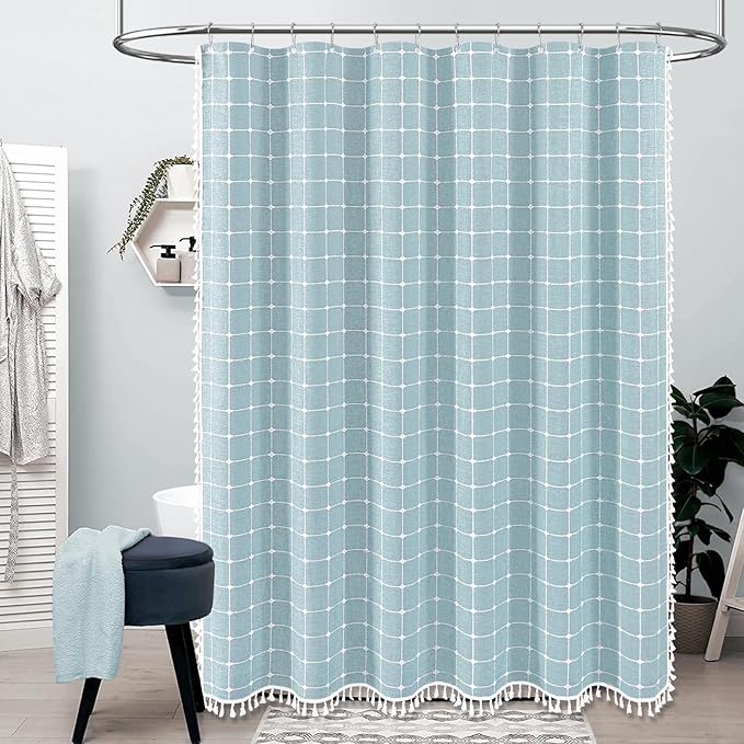 60x72 Boho Farmhouse Linen Heavy Duty Shower Curtain Set, Fog Blue | Narrow Size, 330GSM Linen Blend, 3-side Tassels, Water Repellent Fabric, 10 Plastic Hooks, Rustic Bohemian, Machine Washable