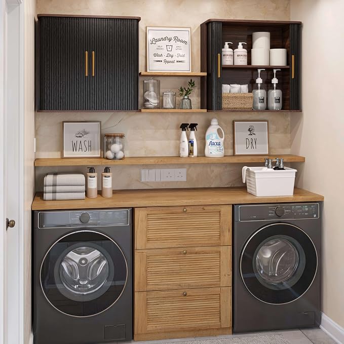 FIMELLO 29.5" W Bathroom Wall Cabinet, Laundry Room Cabinets Wall Mounted with Sliding Tambour Door, Kitchen Wall Cabinet, Floating Cabinet for Wall, Upper Cabinets, Black Walnut