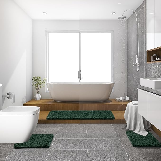 MIULEE Dark Green Microfiber Toilet Bath Rug U-Shaped Contour 20x20 Inch | Absorbent, Non Slip, Quick Dry, Fluffy Bath Rugs for Bathroom Floor Tub Showers, Machine Washable