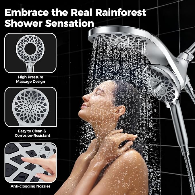 High Pressure Rain Shower Head with Handheld Spray Combo | Detachable Dual Shower Head with 10 Sprays Modes - Upgrade Knob Spray Mode Selector and Magnetic Guidance Docking System