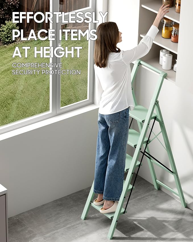 HillhutApex Aluminum 5 Step Ladder, Step Stool Foldable Ladder(Pale Green) | Stepladder with Handgrip,Anti-Slip Pedals,330lbs Capacity,Lightweight Portable Folding Ladder for Home,Office,Libaray