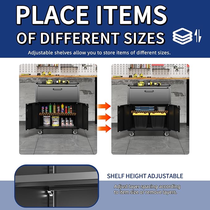 Garage Tool Cabinet Set,Heavy Duty Steel Rolling Tool Chest with Lockable Doors & Adjustable Shelves