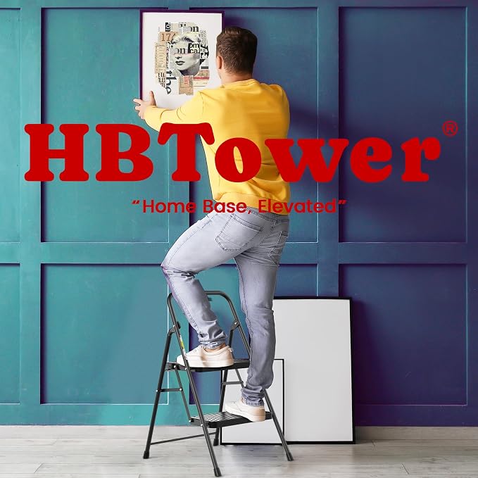 HBtower 2 Step Ladder, Step Stool with Wide Anti-Slip Pedal | Step Ladder Folding Step Stool for Adults, Lightweight Steel Portable ladders for Home Kitchen
