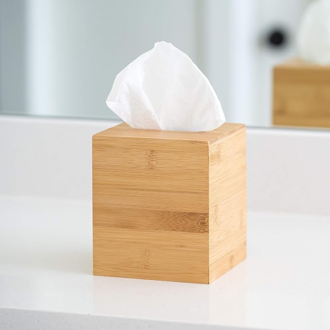Design Tissue Box Holder - Modern, Minimalist, Durable Wooden Bamboo Box with Sliding Bottom, Easy-Refill - Premium-Quality Bamboo Cover, Square