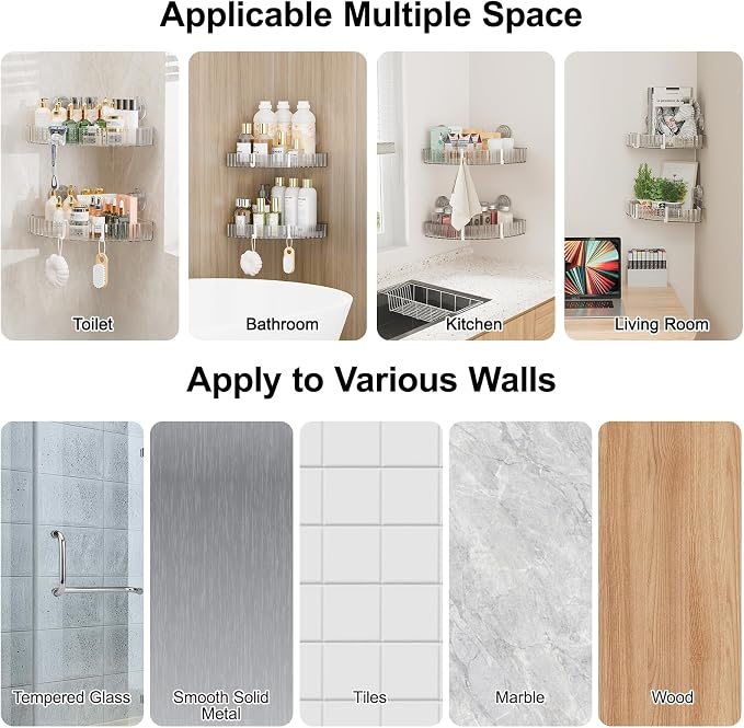 Adhesive Shower Caddy Suction Cup Shower Shelves for Inside Shower No Drilling Bathroom Organizers and Storage Wall Shelf Rack Clear(clear,corner)