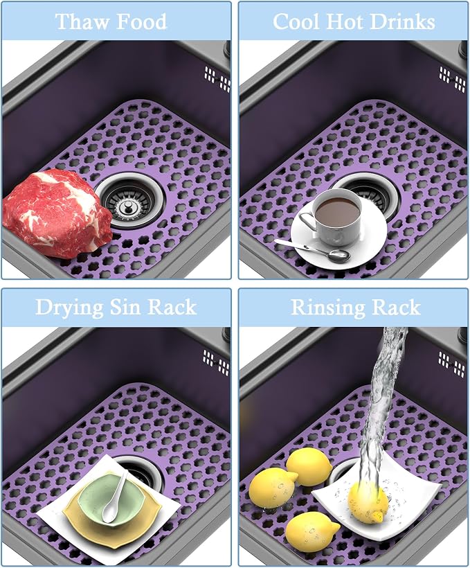 Silicone Sink Protector Kitchen Sink Mat 2 Pack 13.58"x 11.6" Purple | Heat-resistant Non-Slip and Durable Silicone Protectors Mat, Center Drain