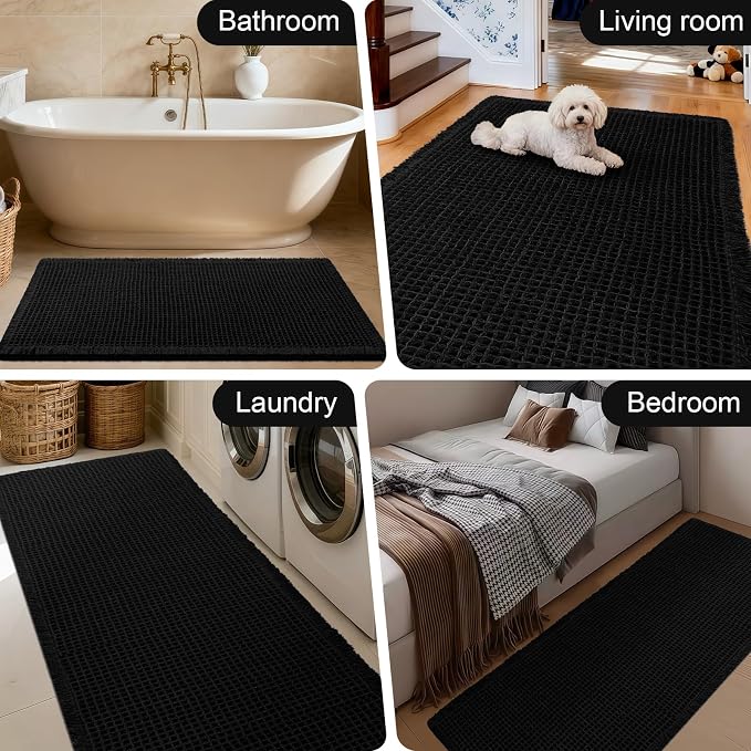 Upgraded Waffle Bath Mat, 36"x24" Black, Super Absorbent Non-Slip Quick Dry Bathroom Rugs with Tassels, Machine Washable Ultra Soft Boho Bath Rugs for Floor, Toilet Mats Boho Farmhouse Decor