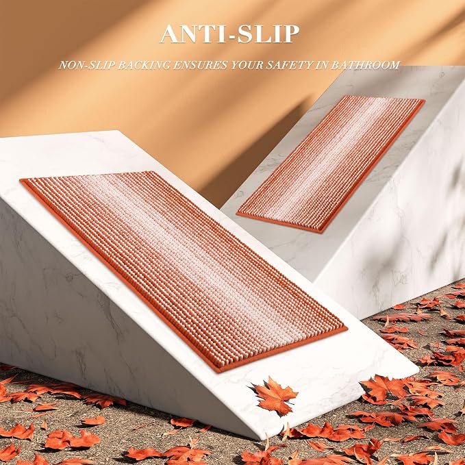 Bathroom Rugs and Mats Sets, 2 Piece Thick Absorbent Chenille Bath Mat Rug Set Non Slip, Soft Shaggy Bath Room Floor Mats for Bathroom, Machine Washable (Sunset Orange, 24" x 70" Plus 20" x 32")
