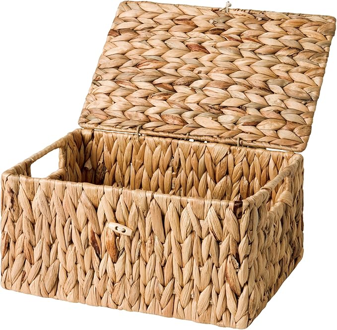 StorageWorks Wicker Storage Basket with Lid, Water Hyacinth Storage Baskets | Woven Baskets with Lids for Shelves, Wicker Storage Baskets with Lids, Decorative Box, Lidded Baskets for Organizing, 1 Pack