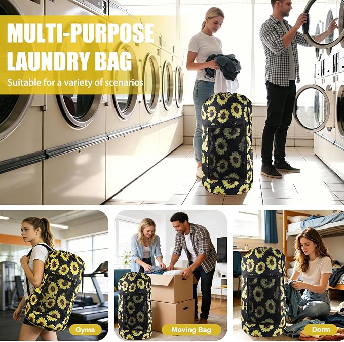 Olosar Laundry Bag Backpack, Extra Large Travel Laundry Bag with Mesh Pocket & Adjustable Shoulder Straps,Dirty Clothes Travel Bag for College Students Dorm,Apartment(Sunflower)