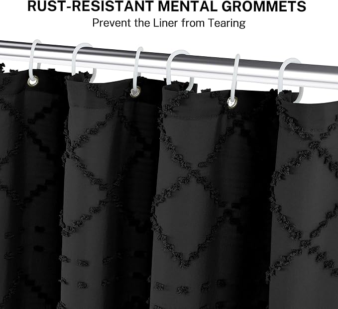 Extra Long Boho Black Woven Fabric Shower Curtain with Tassels 54 x 78 Modern Farmhouse Minimalist, Tufted Chevron Striped Shabby Chic Textured, Water Resistant Cloth Curtain for Bathroom, Hotel Decor