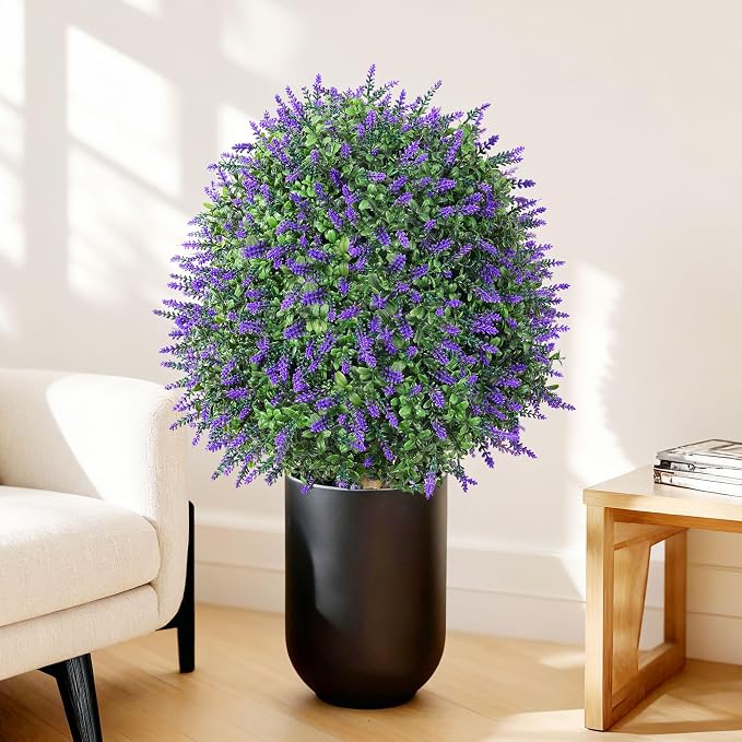 26'' Artificial Boxwood Topiary Trees with Lavender 2 Pack Fake Plants for Outdoor Indoor Artificial Shrubs with Metal Ground Spike UV Resistant Fake Bushes for Front Porch Garden, White