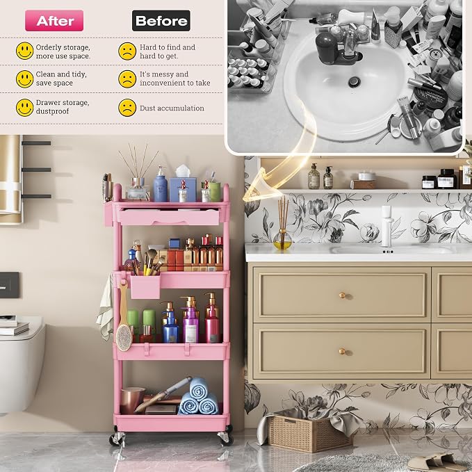Goovilla Rolling Makeup Organizer Cart with Removable Drawer, 4 Tier Pink | Stable Floor Skincare Storage Cart for Vanity, Cosmetic Display, Nail Polish, Perfume, Hair Stuff, Beauty, Bathroom(Plastic)