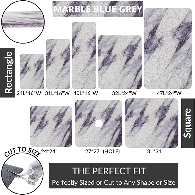 ENKOSI Loofah Non-Slip Shower and Bath Mat - Soft Cushioned Comfort - No Suction Cups for Smooth or Textured Tubs - Fast Draining - Safety for Bathroom, Family, and Elderly (24x16 Marble Grey Blue)