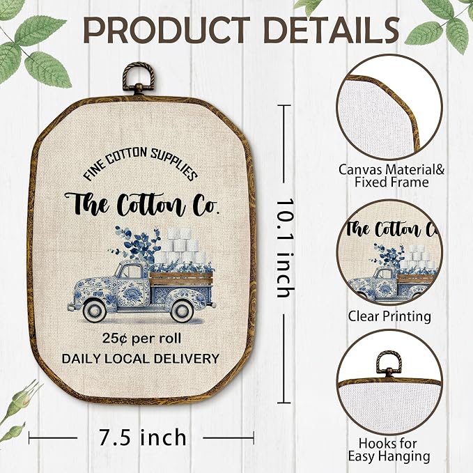 Yjeslw Funny Chinoiserie Truck Bathroom Octagon Wall Art Decor, 10.2x7in | Blue and White Framed Canvas Prints, Grand Millenial Botanical Wall Hanging Decoration for Bath Room Washroom Toilet Decor