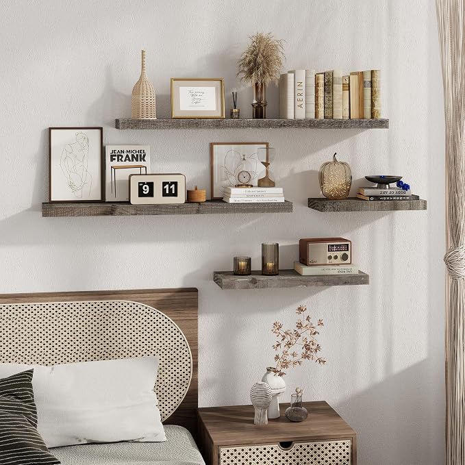 44 Inch Long Solid Wood Floating Shelves for Wall,Reclaimed Wood Wall Shelf for Storage,8 Inch Deep Heavy-Duty Wall Mounted Shelves with Invisible Brackets for Living Room,Bedroom,Kitchen,Grey