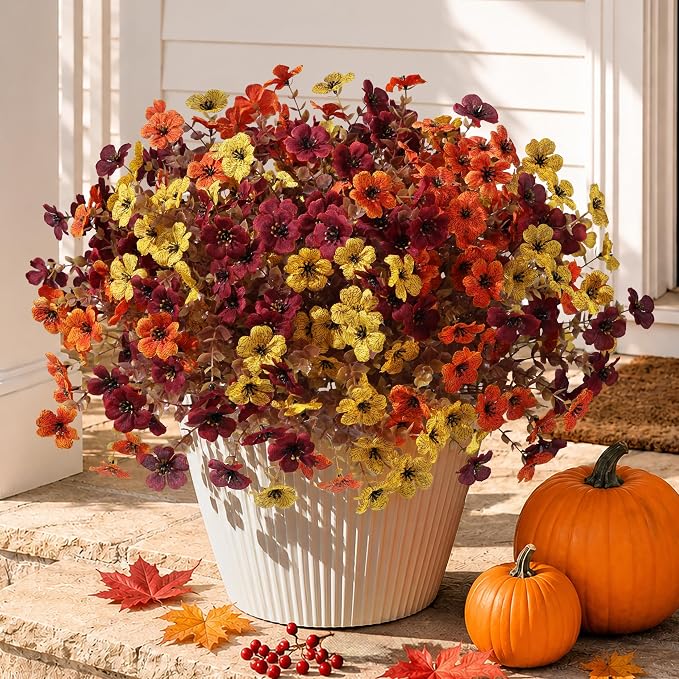 Artificial Fall Flowers Faux Mums for Outdoor Indoor Garden Home Decoration, Faux Flower Daisy with Eucalyptus Leaves Fake Mums Plants Greenery Boxwood Porch Patio, 12 Bundles (3 Color Mixed)