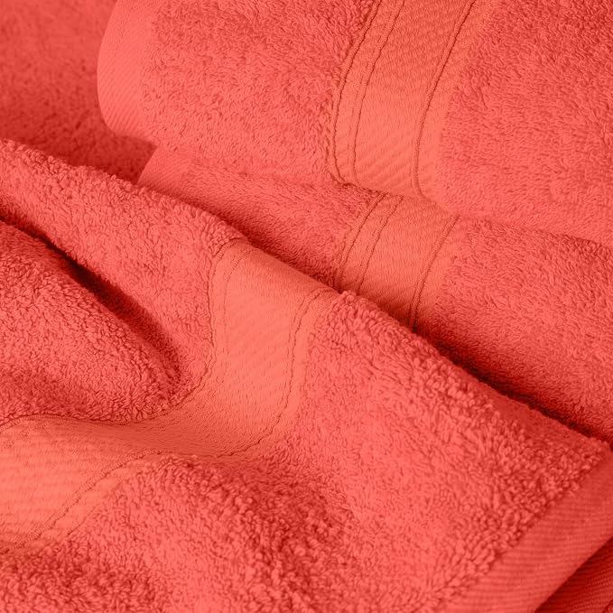 SUPERIOR Egyptian Cotton Ultra Plush & Absorbent, 12 Piece Set, Coral | Heavyweight 12 Pc Egyptian Cotton Towel Set Includes 4 Bath Towels 4 Hand Towels 4 Washcloths Decorative Rope Border