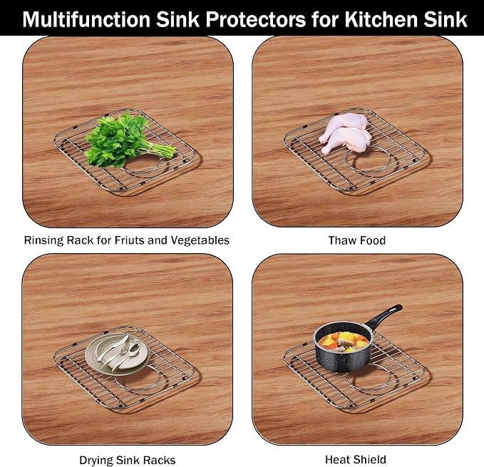 Stainless Steel Universal Sink Protector - 13.1" x 11.6" x 1" Grid With Rear Drain and Sink Strainers