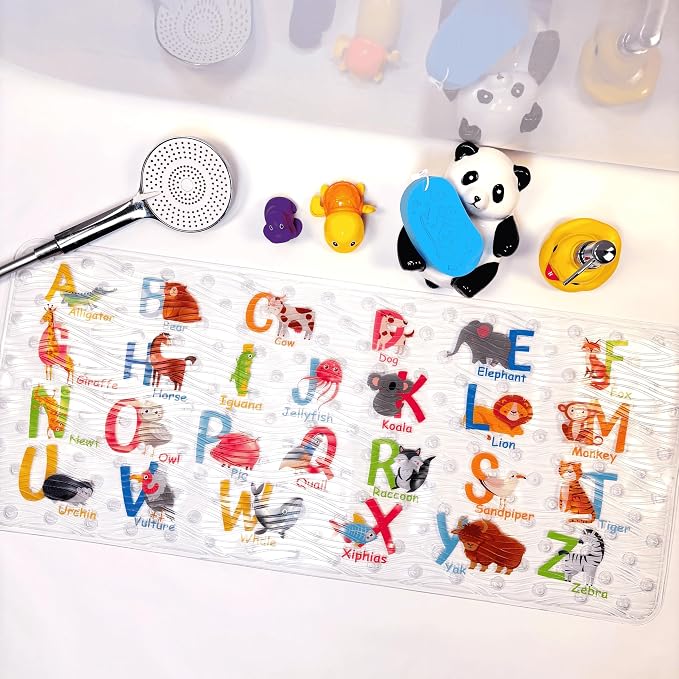Bath Mats for Tub Kids,Baby Toddler - Large Cartoon Non-Slip Bathroom Bathtub Anti-Slip Shower Mats for Floor 35x15,Machine Washable XL Size Bathroom Mats (Alphabet)
