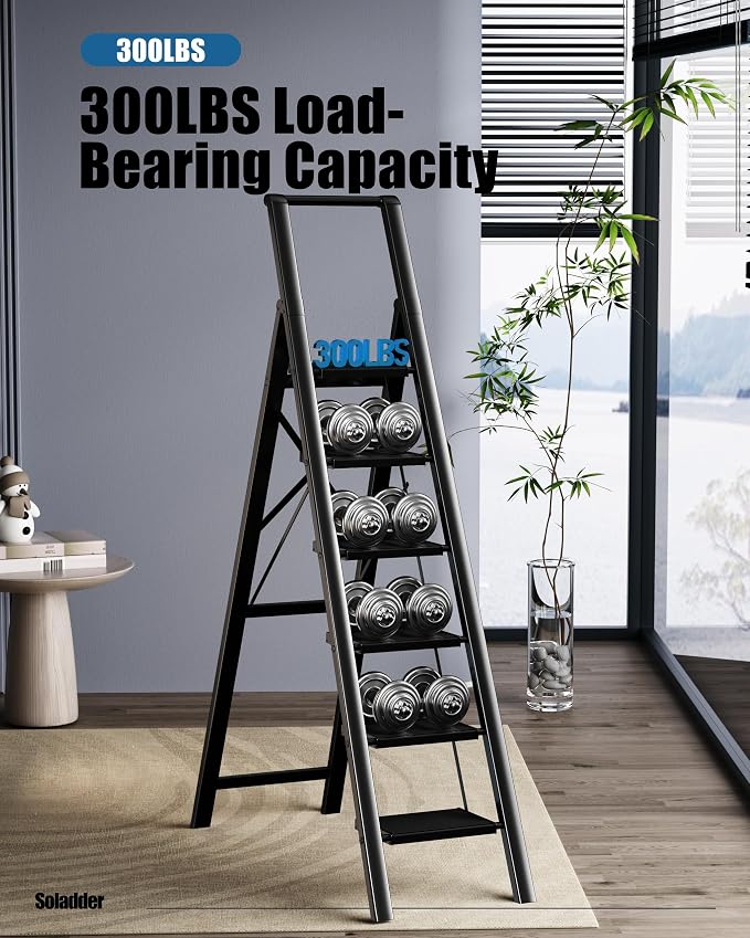 6 Step Ladder, Folding Step Stool, Lightweight Stepladder, Black | Reach 12ft;Anti-Slip 7.9'' Wide Pedal;Portable Handrail;Space-Saving;For Kitchen, Home, Library, Office Use;300lbs Capacity