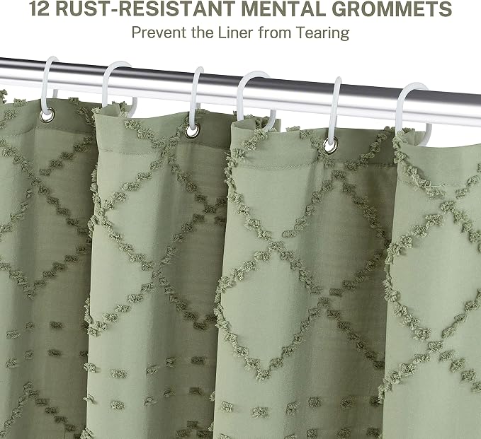 Siiluminisoy Extra Long Sage Green Boho Shower Curtain - Woven Fabric, 72 x 96 Inches, Tufted Chevron Textured Striped, Modern Farmhouse Minimalist for Bathroom