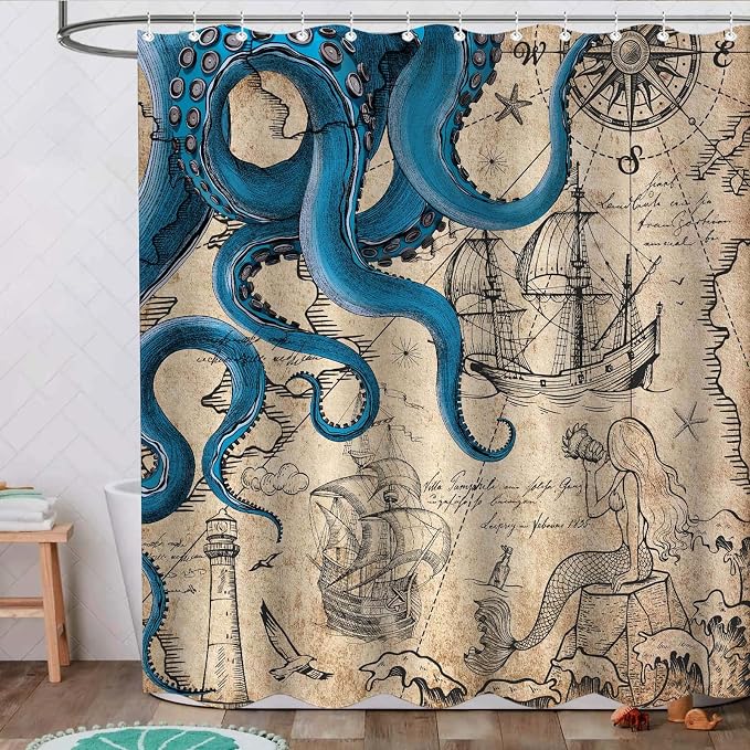 Fungarth Vintage Nautical Octopus Shower Curtain Navy Blue Mermaid Funny Ocean Kraken Shower Curtains for Bathroom Anchor Coastal Map Waterproof Fabric Bath Curtain Decor with Hooks (Retro, 72” x 72”)