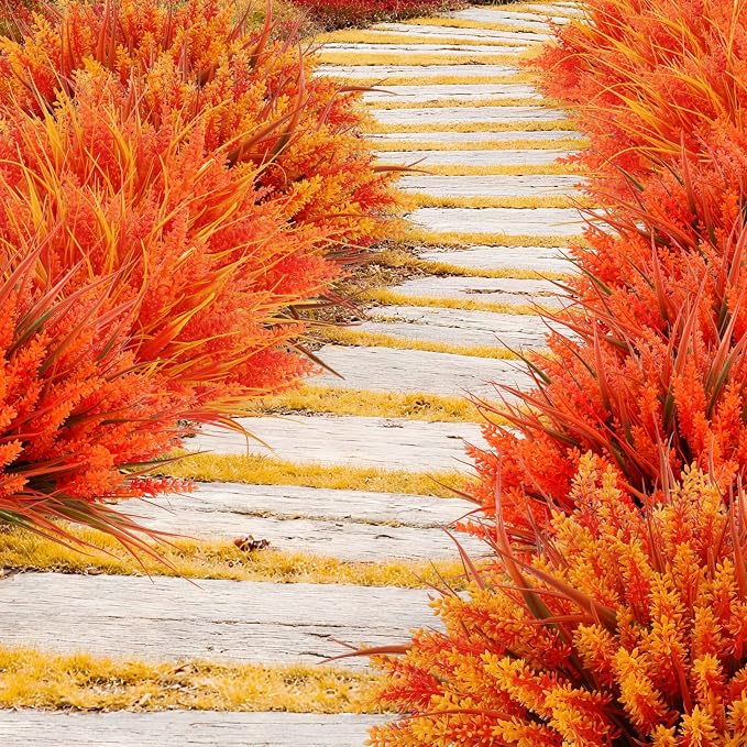 Geegoods 24 Bundles Artificial Fall Lavender Flowers Outdoor, Autumn-Orange | UV Resistant Plastic Faux Plants with Monkey Grass; Use for Garden Porch Patio Hanging Planter Home Decor