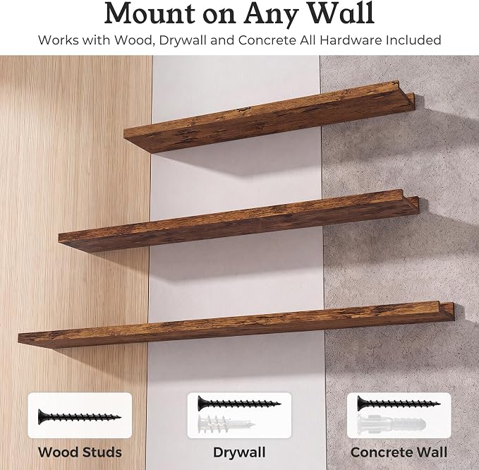 Brown Picture Ledge Shelves for Wall, 4.5" Deep Wood Floating Shelves with Lip for Bedroom, Living Room, 16" Width, Color Brown Set of 2