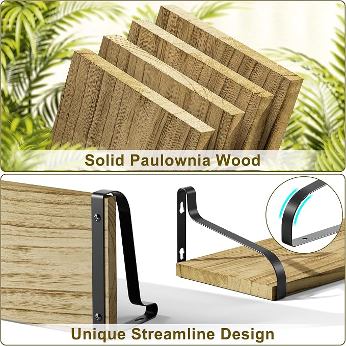 Love-KANKEI 15.7"Floating Wall Shelves Set of 4,Solid Wood,Carbonized Black | 3 Installation Methods,Easy to Install,44 Lbs/shelf,For Bedroom,Bathroom,Kitchen,Living Room,Office Nursery Display,Decor