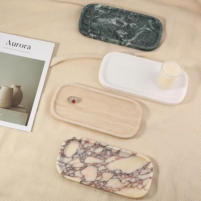 Marble Tray, 10"x5" Marble Vanity Tray for Bathroom Countertop Kitchen Sink, Rectangular Stone Tray for Perfume Fragrance, Decorative Catchall Tray Jewelry Cosmetics Organizer(Green)