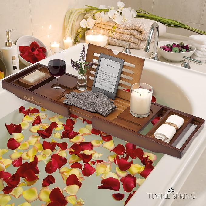 Bamboo Bathtub Tray Caddy for Tub — Expandable Wood Bath Tray with Solid Book Stand Wine Holder and Non-Slip Pads — Includes Bamboo Soap Dish and Spa Accessories — Luxury Bath Gift Set