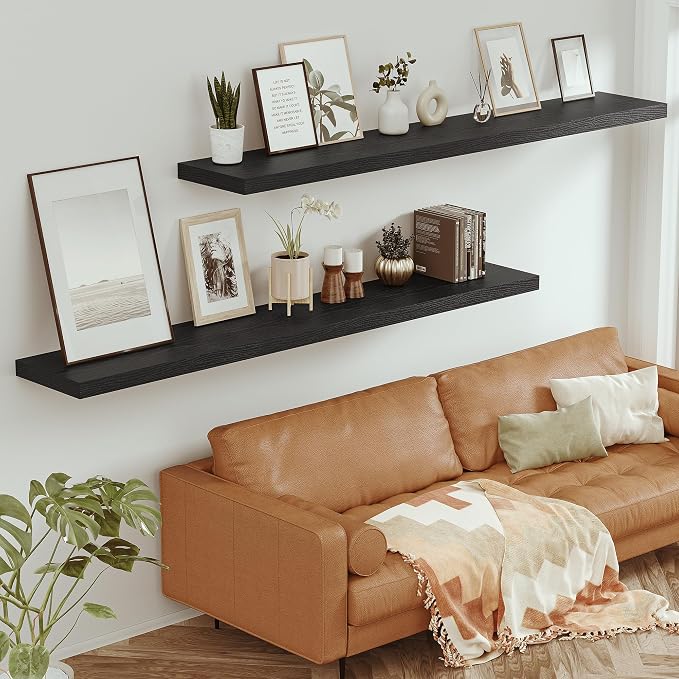 Vivelove Deep Floating Shelves 72x12” Set of 1, Black | Easy Install With Hardware, 2" Thick, Invisible Brackets, Wall Mounted, No Sagging, For Any Room