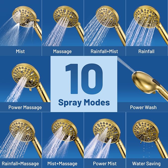 MakeFit Dual Filtered Rain Shower Head Combo, High Pressure Handheld Shower Head with Adjustable Bar - Rainfall Shower Head And Showerhead with Filter for Hard Water - Removes Chlorine(Gold)