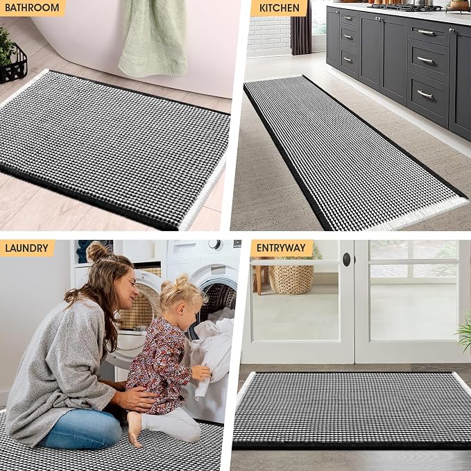 Waffle Bath Mat Black & Cream 32"x20", Boho Woven Modern Bath Mat Rugs, Absorbent Non Slip Bathroom Rugs, Soft Washable Bath Rugs with Tassels for Bedroom, Kitchen, Shower, Tub