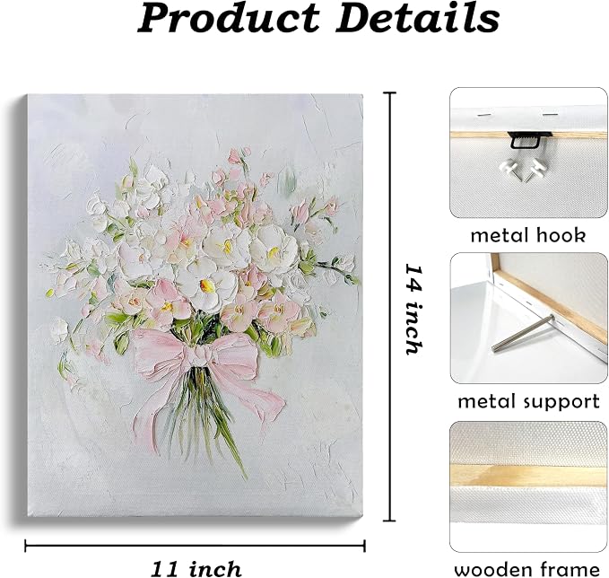 QICLM Watercolor Floral Bouquet Framed Wall Art Poster, Floral Wall Decor, Coquette Pink Bow Wildflowers Wall Prints for Girly Bedroom Home Living Room, 11x14 Inch