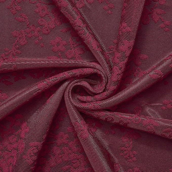 TUDECO Stall Burgundy Shower Curtain Bathroom, 36W x 72L Inch | Antique, Dark Red Floral, Semi Sheer, Scalloped Edges, Attached Valance, Reinforced Holes, Machine Washable