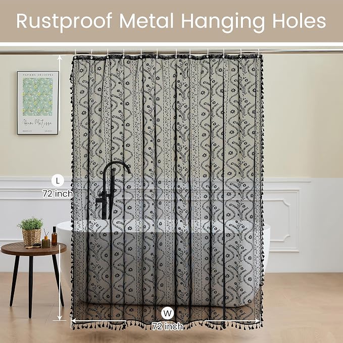 WAZZIO Black Lace Shower Curtain - Vintage Pretty Floral Sheer Shower Curtains Goth, Decorative Tassel Bath Curtains for Bathroom, 72 x 72 Inch, 1 Panel