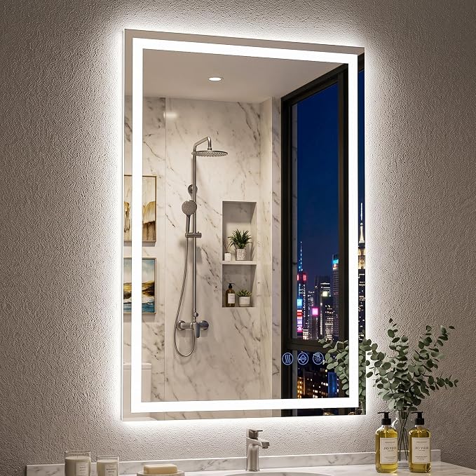 LED Bathroom Mirror with Lights 24"x36", Wall-Mounted Vanity Mirrors Front & Backlit Separate Light Control Stepless Dimmable Anti-Fog Memory 3 Color Temperatures Shatter-Proof Tempered Glass