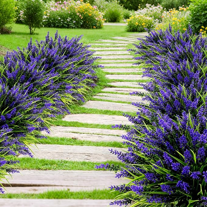 48 Bundles Artificial Lavender Flowers Outdoor UV Resistant, Purple | Faux Plants with Monkey Grass, Realistic Plastic Flowers for Garden Porch Window Box Patio Hanging Planter Decor