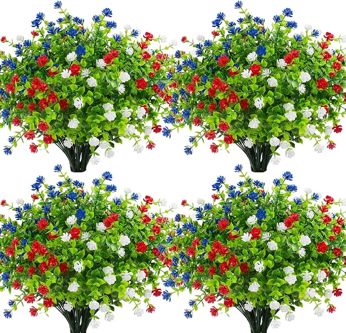 Hananona 24 Pcs Artificial Flowers Outdoor, Faux Artificial Plants UV Resistant Plastic Patriotic Flower Bulk for 4th of July Hanging Planter Porch Window Home Summer Decor (24, Red, White, Blue)