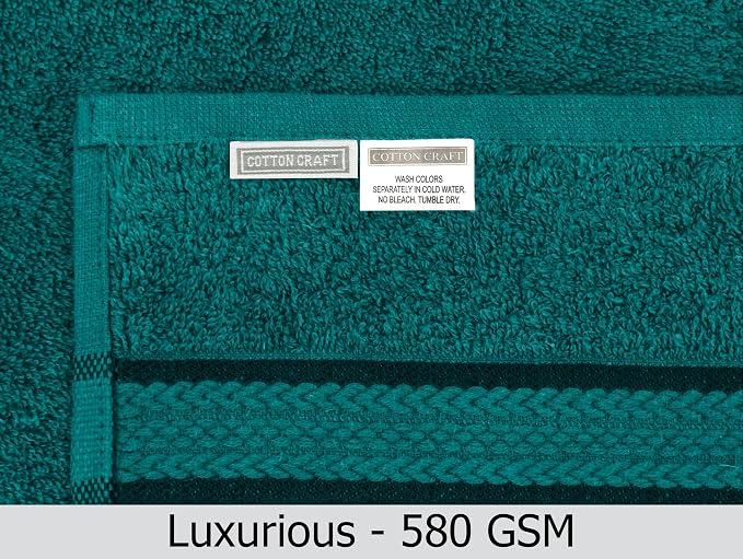 COTTON CRAFT Ultra Soft Bath Towels - 4 Pack 100% Cotton Large 30x54 inches | Oversized 580 GSM Absorbent Teal Bath Towel with Luxurious Rayon Border - Ideal for Everyday use - Easy Care Machine Wash