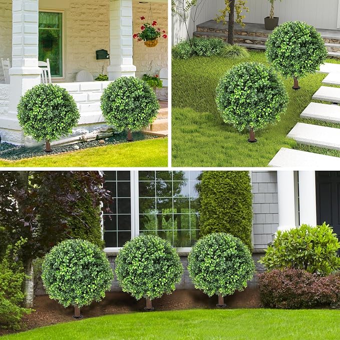 Artificial Boxwood Topiary Ball Tree 24" with Ground Spike, Set of 2 Artificial Boxwood Bushes for Faux Shrubs, Fake Evergreen Faux Plant for Indoor Outdoor Porch Garden- UV Resistant – Fade-Proof