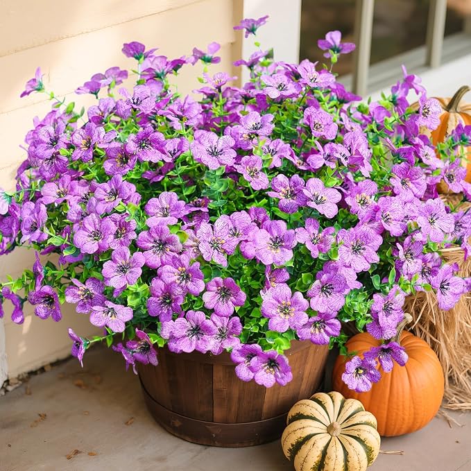 florisso Artificial Flowers for Outdoors Daisy 12 Bundles for Home | Faux Flower Fake Plants Outside Decoration with Eucalyptus UV Resistant for Planter Porch Patio Yard Garden Purple