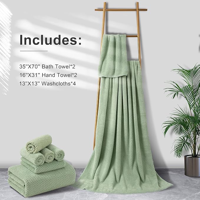 8-Piece Bath Towel Set, 2 Extra Large Bath Towel Sheets, 2 Hand Towels and 4 Washcloths - Highly Absorbent Quick Dry Polyester,Ultra Soft Towel Set for Bathroom, Waffle Weave Design, Pack of 8, Green